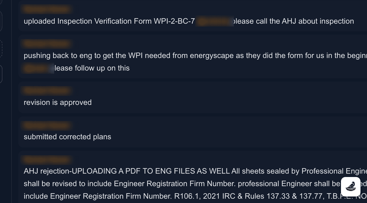 Project notes with routing controls and real team comments