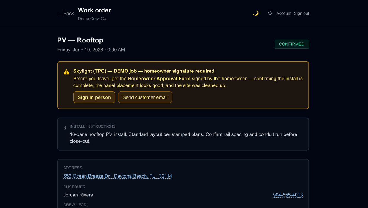 Installer work-order view — install instructions, address, customer, and pay
