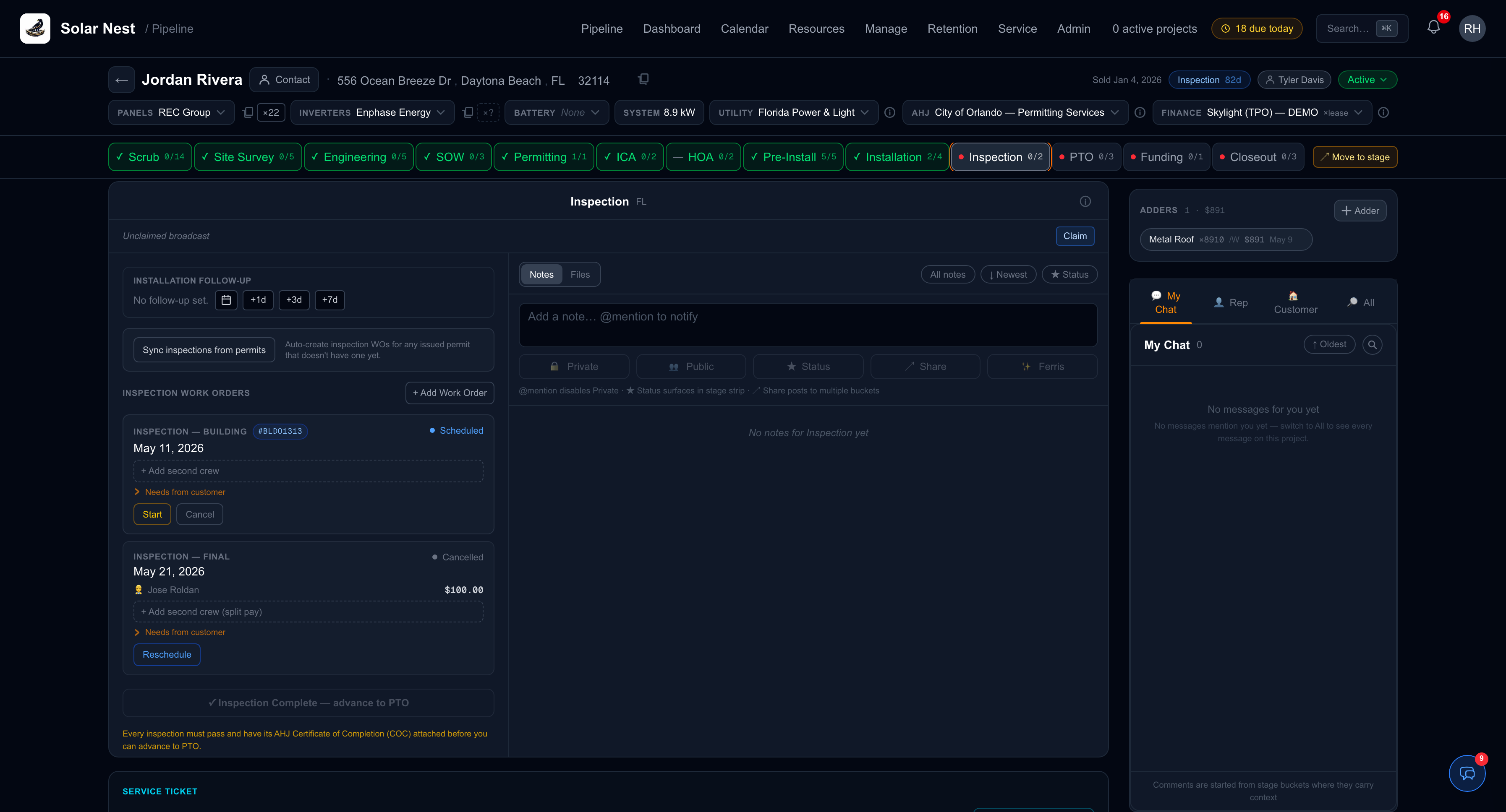 Solar Nest project detail screen — status, equipment, work orders, documents, and chat in one view