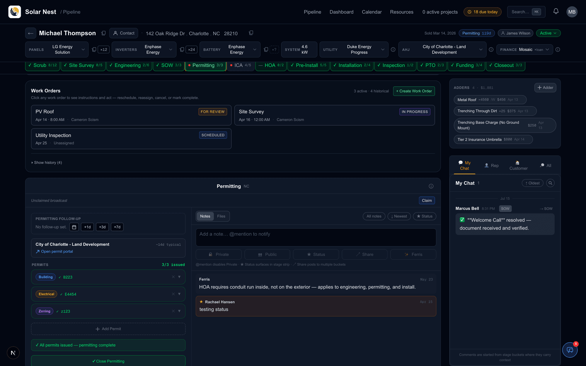 Solar Nest project detail — equipment, stage pipeline, work orders, documents, and project chat on one screen